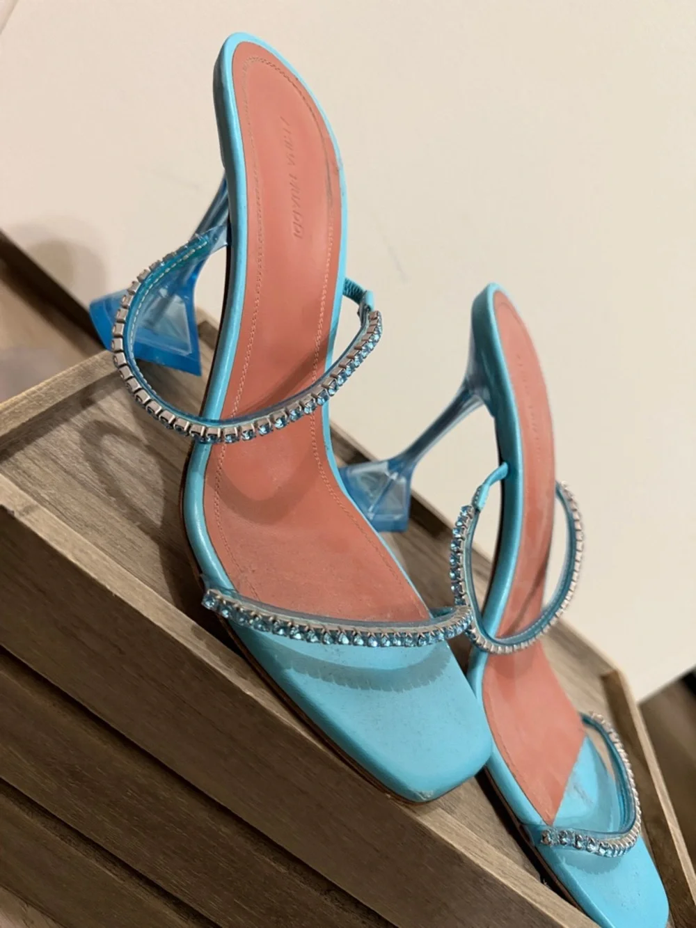 Amina Muaddi Turquoise Crystal-Trim Heeled Sandals - Picture 2 of 6